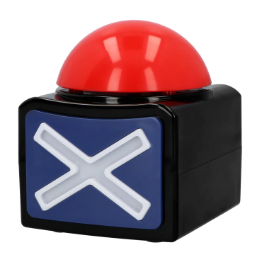 Gros buzzer rouge de jeu télévisé avec croix blanche sur fond bleu pour animation de soirée | jourdefete.com