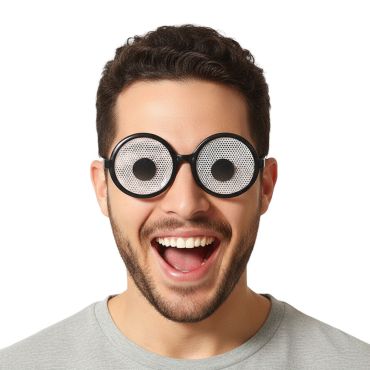 Homme portant des lunettes Crazy Eyes humoristiques pour soirée déguisée | jourdefete.com