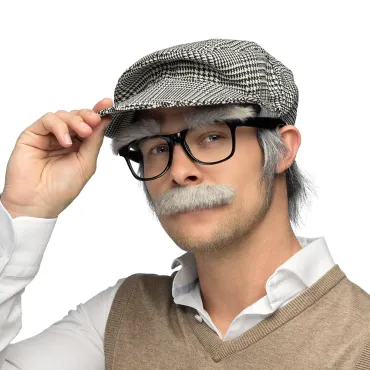 Homme portant un déguisement de grand-père avec casquette à carreaux? lunettes et moustache grise | jourdefete.com