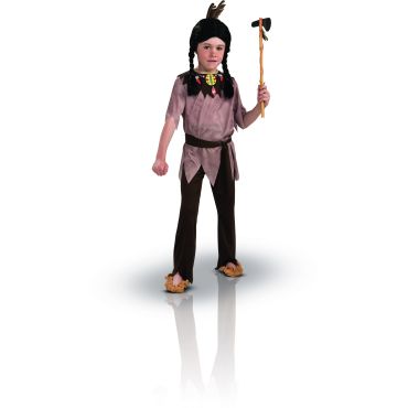 Déguisement d'indien pour garçon avec la tunique marron clair, un pantalon marron foncé. 