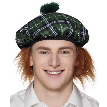 Beret Ecossais Tartan Vert avec Cheveux