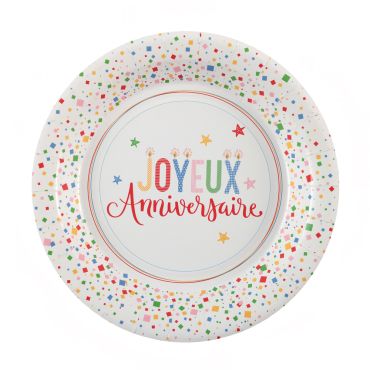 Assiettes Joyeux Anniversaire confettis multicolores en carton | jourdefete.com