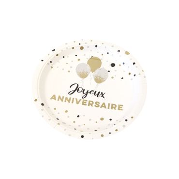 Assiettes "Joyeux Anniversaire" de 23 cm, blanche et dorée avec ballons | jourdefete.com