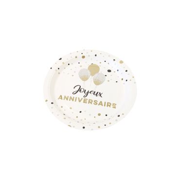 Petite assiette en carton "Joyeux Anniversaire" avec ballons dorés et pois noirs et or | jourdefete.com