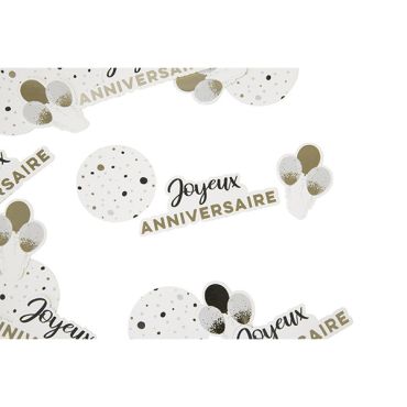 Confettis de table "Joyeux Anniversaire" dorés et blancs avec ballons et motifs festifs | jourdefete.com