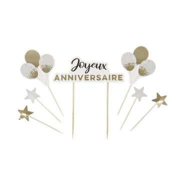 Kit décoration gâteau "Joyeux Anniversaire" avec ballons et étoiles dorées | jourdefete.com