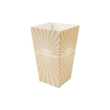 Boîtes à pop-corn Joyeux Anniversaire beige avec motif doré | jourdefete.com