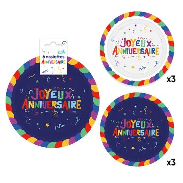 Lot de 6 assiettes en carton Joyeux Anniversaire multicolore festif blanc et bleu marine 20 cm | jourdefete.com