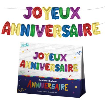 Guirlande de ballons gonflables métalliques multicolores formant les mots Joyeux Anniversaire pour enfant | jourdefete.com