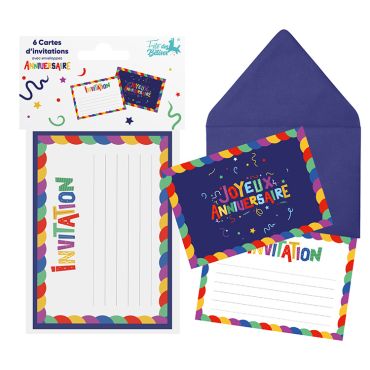 Lot de 6 cartes d'invitation anniversaire enfant multicolores avec enveloppes bleues | jourdefete.com