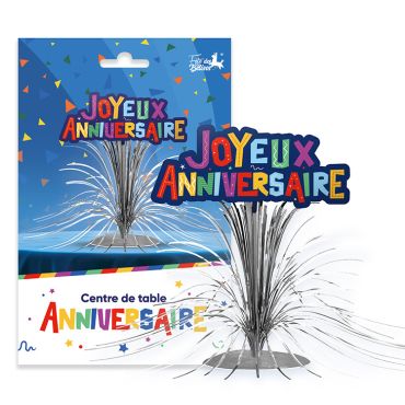Centre de table Joyeux Anniversaire multicolore avec tiges argentées brillantes pour décoration de fête d'enfant | jourdefete.com