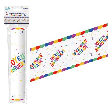 Chemin de table intissé blanc avec inscriptions Joyeux Anniversaire multicolores et confettis pour fête d'enfant | jourdefete.com