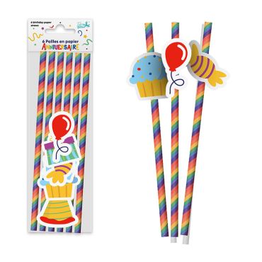 Lot de 6 pailles en papier à rayures multicolores avec petits décors de fête en carton | jourdefete.com