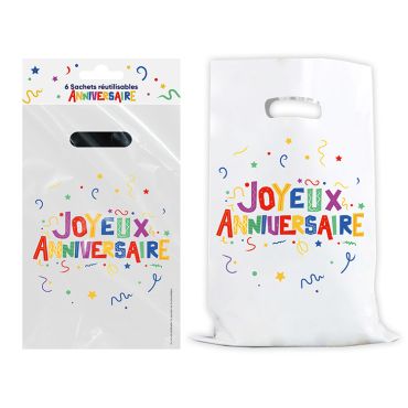 Lot de 6 sachets cadeaux en plastique blanc avec inscription Joyeux Anniversaire multicolore pour enfants | jourdefete.com