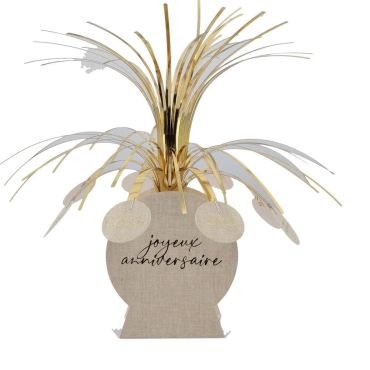 Centre de table Joyeux Anniversaire doré avec effet lin et jets métalliques | jourdefete.com Centre de table Joyeux Anniversaire doré avec effet lin et jets métalliques | jourdefete.com