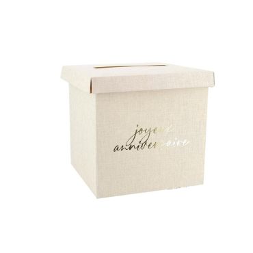 Urne d’anniversaire carrée en tissu effet lin avec inscription dorée "Joyeux Anniversaire" | jourdefete.com