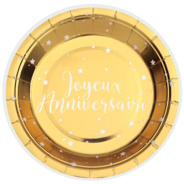 Assiettes en carton dorées Joyeux Anniversaire avec étoiles scintillantes | jourdefete.com