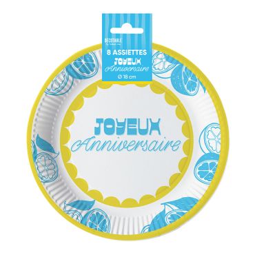 8 petites assiettes à dessert en carton motif citrons bleus et contour jaune pour anniversaire | jourdefete.com
