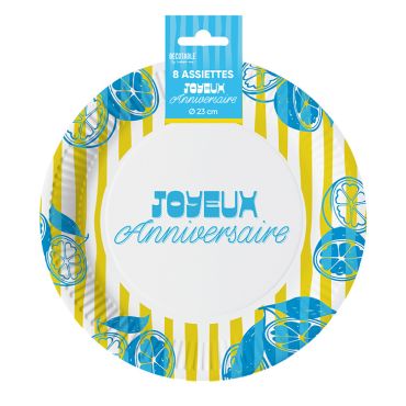 Lot de 8 assiettes en carton motif citrons bleus et rayures jaunes Joyeux Anniversaire 23cm | jourdefete.com