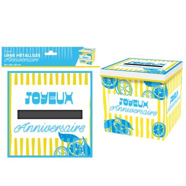 Urne de fête cubique motif citron bleu et rayures jaunes pour anniversaire adulte | jourdefete.com