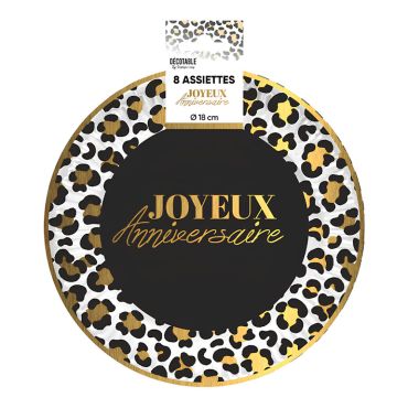 Lot de 8 petites assiettes à dessert 18 cm centre noir et bordure motif léopard or avec inscription Joyeux Anniversaire | jourdefete.com