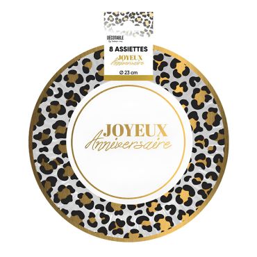 8 assiettes en carton 23 cm contour motif léopard et centre blanc avec lettrage Joyeux Anniversaire doré | jourdefete.com