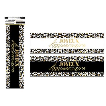 Lot de 2 bannières Joyeux Anniversaire avec motif léopard et écriture dorée pour décoration de salle | jourdefete.com