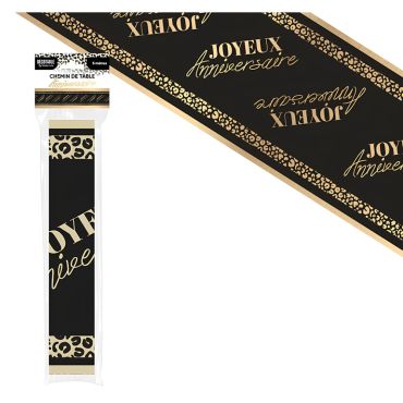 Chemin de table noir et or avec bordures motif léopard Joyeux Anniversaire pour décoration de fête | jourdefete.com