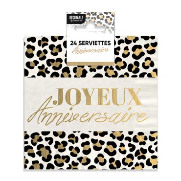 Lot de 24 serviettes en papier motif léopard noir et or avec inscription Joyeux Anniversaire | jourdefete.com