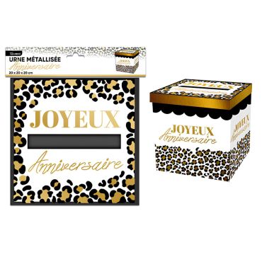 Urne de fête carrée avec motif léopard et écriture dorée joyeux anniversaire pour collecte de cartes et cadeaux | jourdefete.com