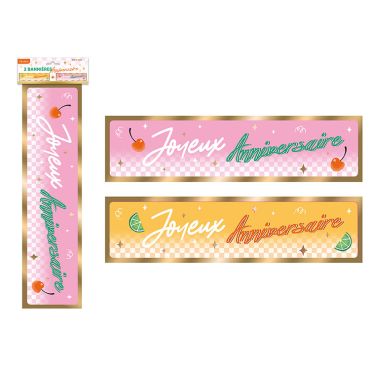 Lot de deux bannières murales Joyeux Anniversaire style rétro pop rose et jaune avec fruits | jourdefete.com