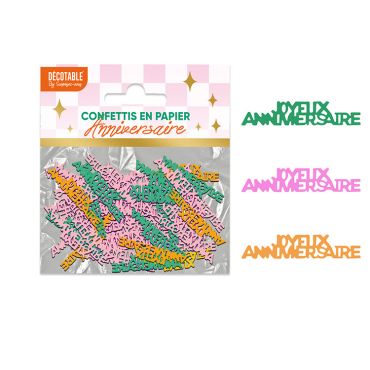 Confettis de table en papier Joyeux Anniversaire thème Rétro Pop rose, vert et orange | jourdefete.com