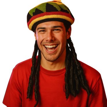 Bonnet rasta tricoté vert jaune rouge avec de longues dreadlocks noires pour déguisement de fête | jourdefete.com
