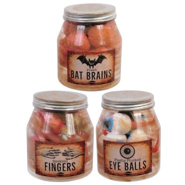 Bocaux décoratifs Halloween avec cerveaux, doigts ou yeux sanglants | jourdefete.com
