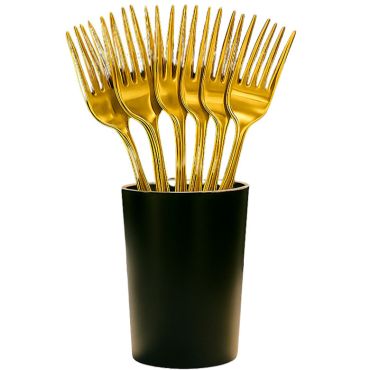Fourchettes de fête dorées en lot de 10, présentées dans un gobelet noir | jourdefete.com