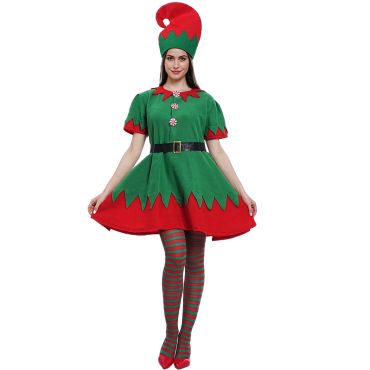 Costume de lutine de Noël pour femme adulte, robe rouge et verte avec chapeau festif | jourdefete.com
