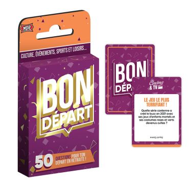 Boîte et exemple de carte du jeu de questions Bon Départ pour animation de fête de départ à la retraite | jourdefete.com