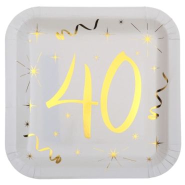 10 Assiettes en Carton Anniversaire - Blanc et Or - 40 ans | jourdefete.com