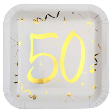 10 Assiettes en Carton Anniversaire - Blanc et Or - 50 ans | jourdefete.com