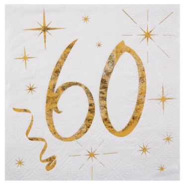 20 Serviettes en Papier Anniversaire - Blanc et Or - 60 ans | jourdefete.com
