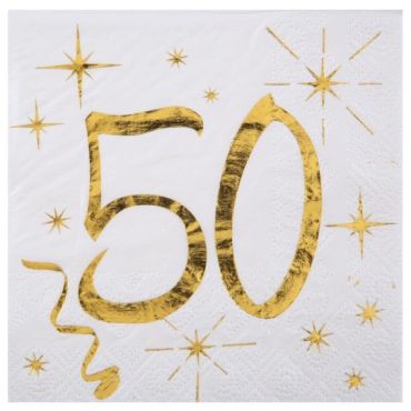 20 Serviettes en Papier Anniversaire - Blanc et Or - 50 ans | jourdefete.com