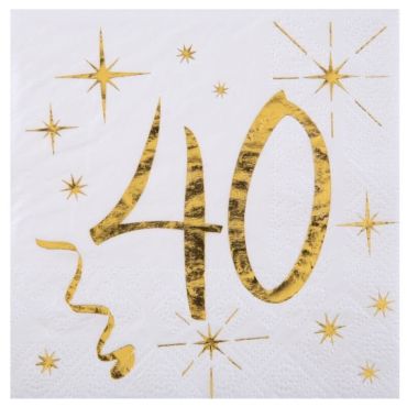 20 Serviettes en Papier Anniversaire - Blanc et Or - 40 ans | jourdefete.com