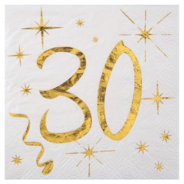 20 Serviettes en Papier Anniversaire - Blanc et Or - 30 ans | jourdefete.com