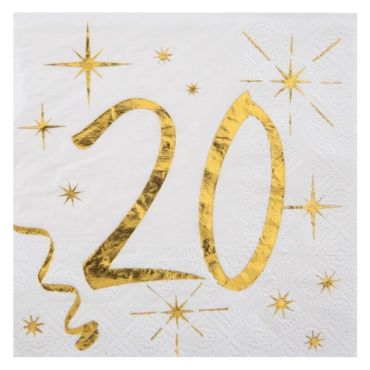 20 Serviettes en Papier Anniversaire - Blanc et Or - 20 ans | jourdefete.com