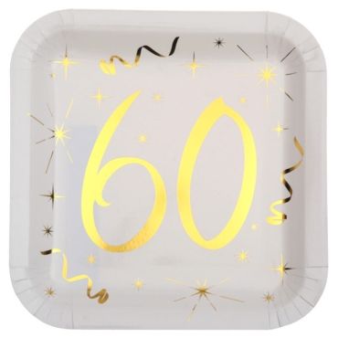 10 Assiettes en Carton Anniversaire - Blanc et Or - 60 ans | jourdefete.com