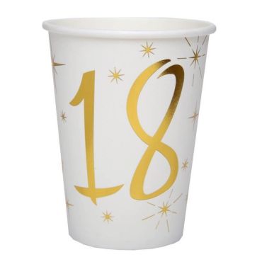 10 Gobelets en Carton Anniversaire - Blanc et Or - 18 ans | jourdefete.com