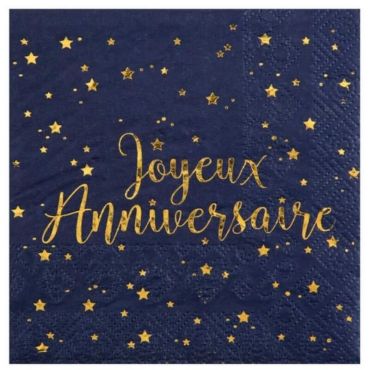Serviettes "Joyeux Anniversaire" Bleu Marine Métallisé | jourdefete.com