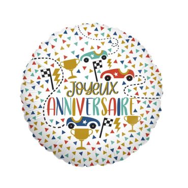 Ballon rond hélium - Joyeux Anniversaire - Voitures - 46 cm
