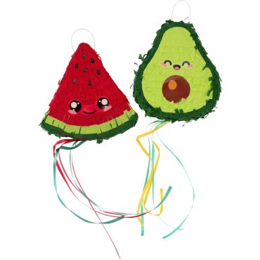 Set de deux mini piñatas kawaii représentant un avocat souriant et une tranche de pastèque | jourdefete.com