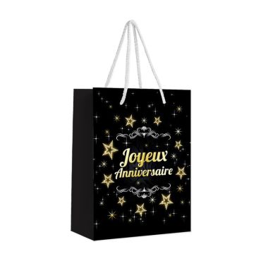Une pochette cadeau de grande taille aux motifs dorées avec la mention "Joyeux Anniversaire" | jourdefete.com